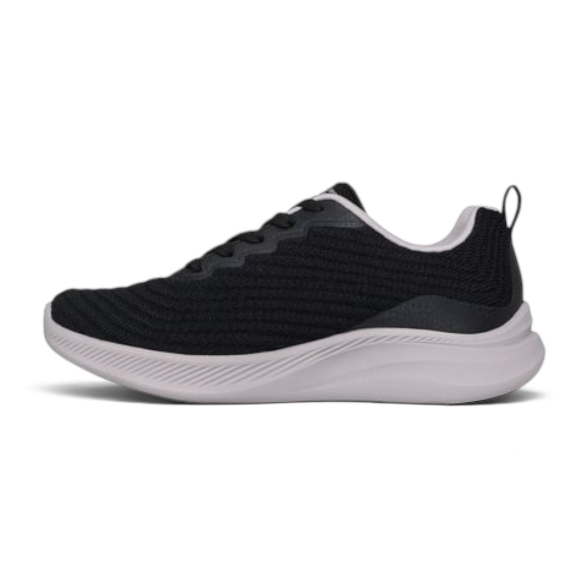 FRG BOBS MODA FLEX black knit sneaker with a white cushioned midsole and lace-up closure for casual wear
