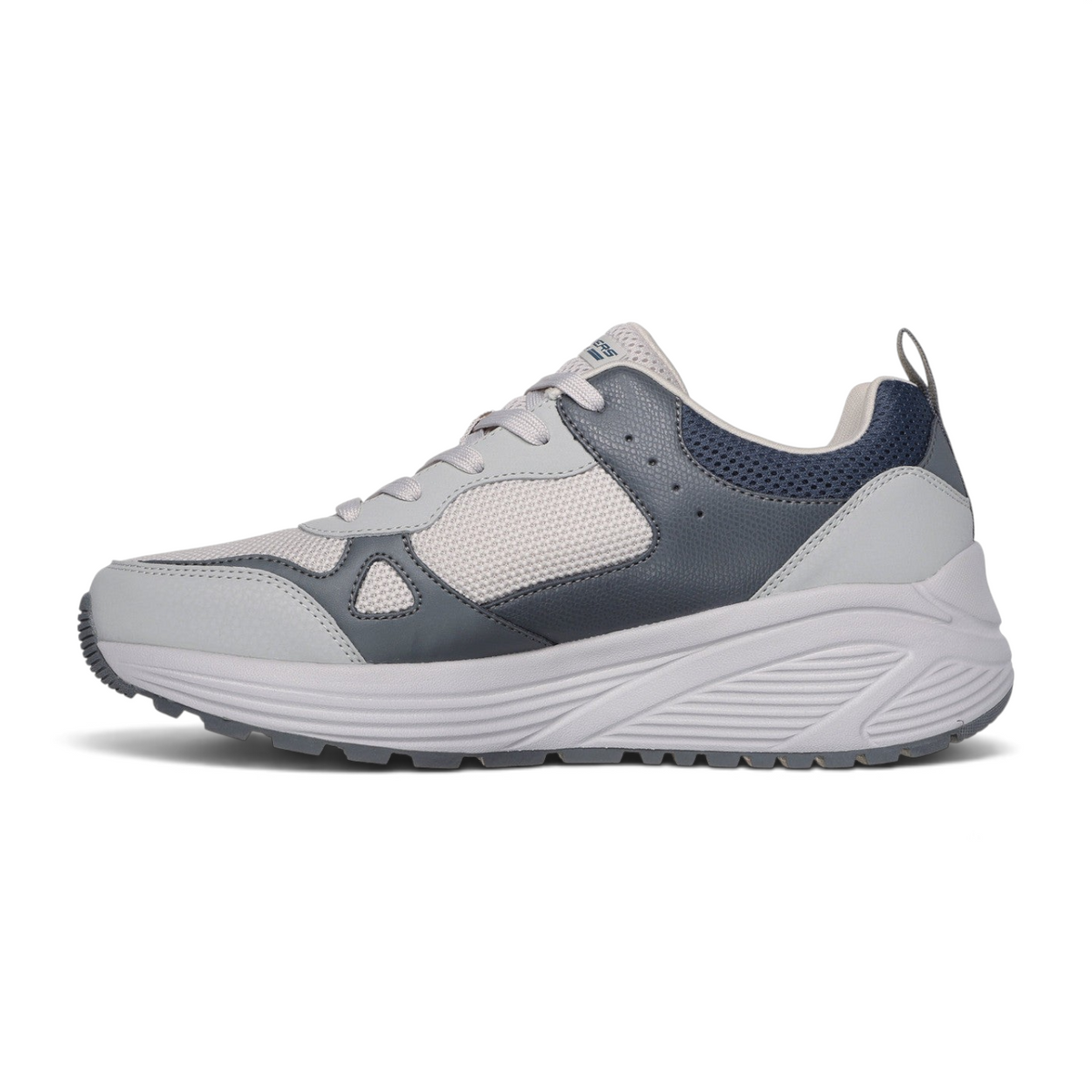 FRG Skechers BOBS Sport Sparrow 2.0 gray and navy slip-on sneaker with a thick cushioned sole and mesh panels