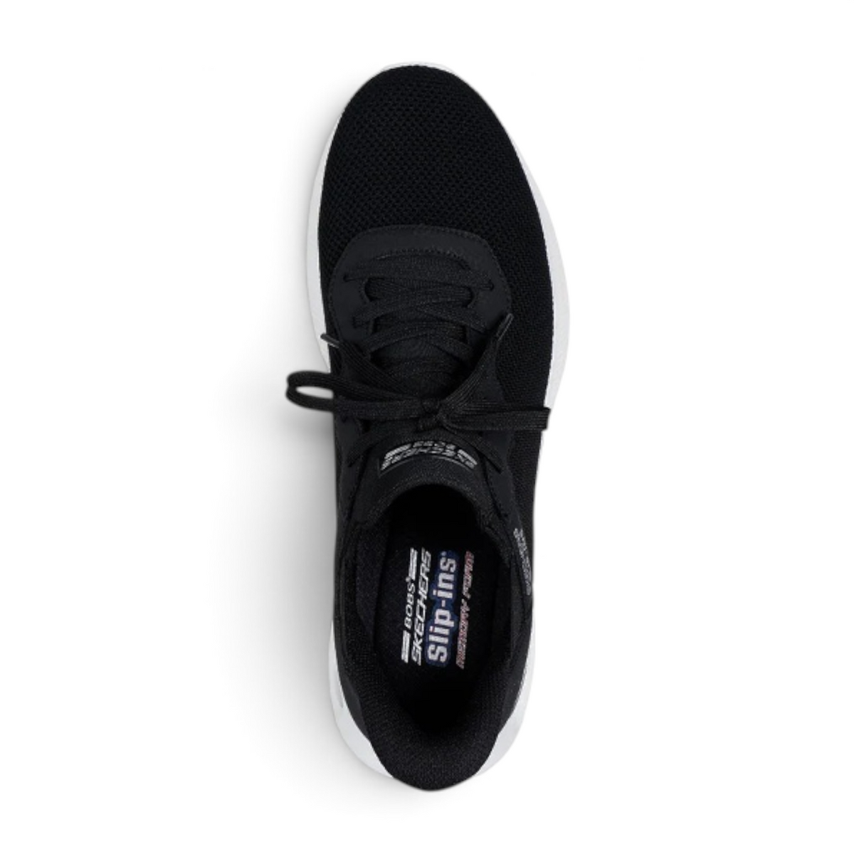 FRG BOBS UNITY black slip-in sneakers with breathable mesh upper and white cushioned sole, top-down view