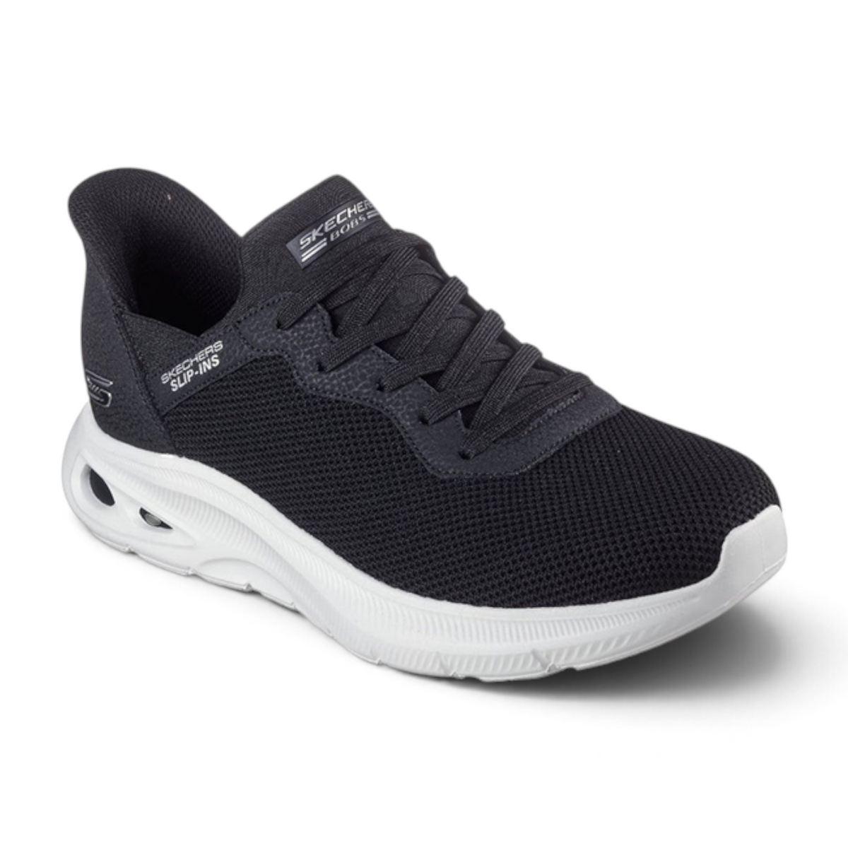 FRG BOBS UNITY black mesh slip-in sneakers with white cushioned soles and lace-up detail