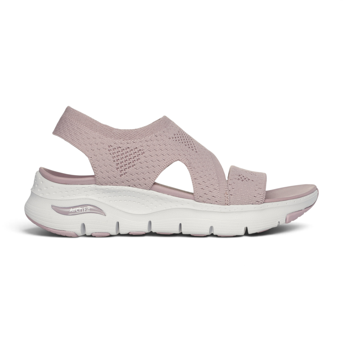 FRG Arch Fit Brightest Day mauve knit sandal with a white cushioned arch support sole and side view