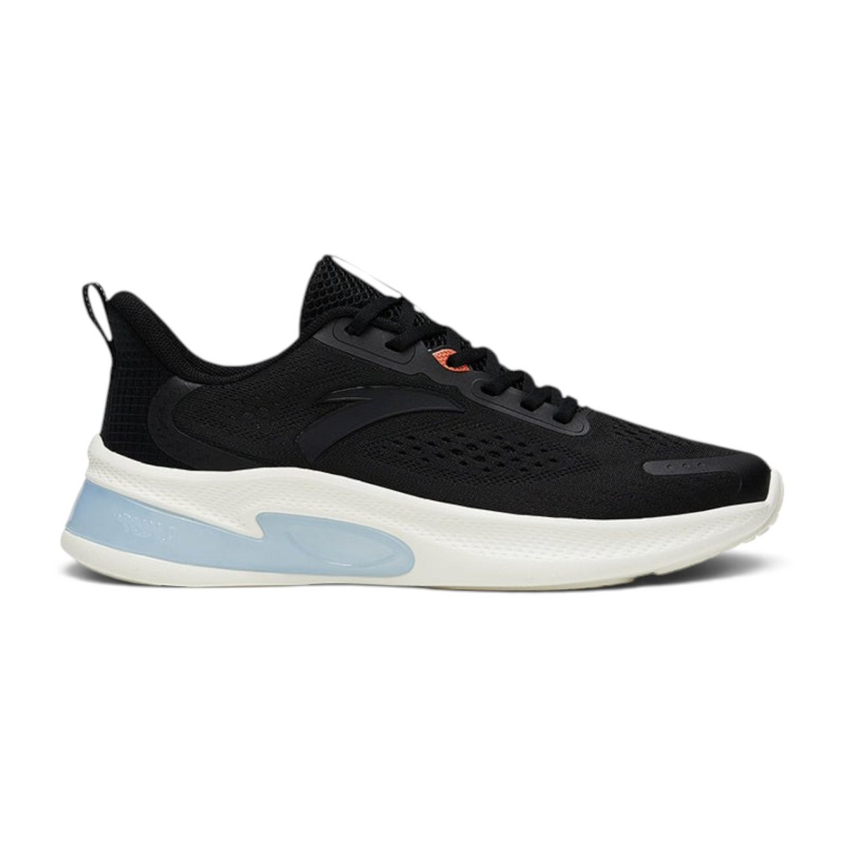 FRG ANTA A-JELLY black running shoes with breathable mesh upper, white midsole, and blue cushioning detail.