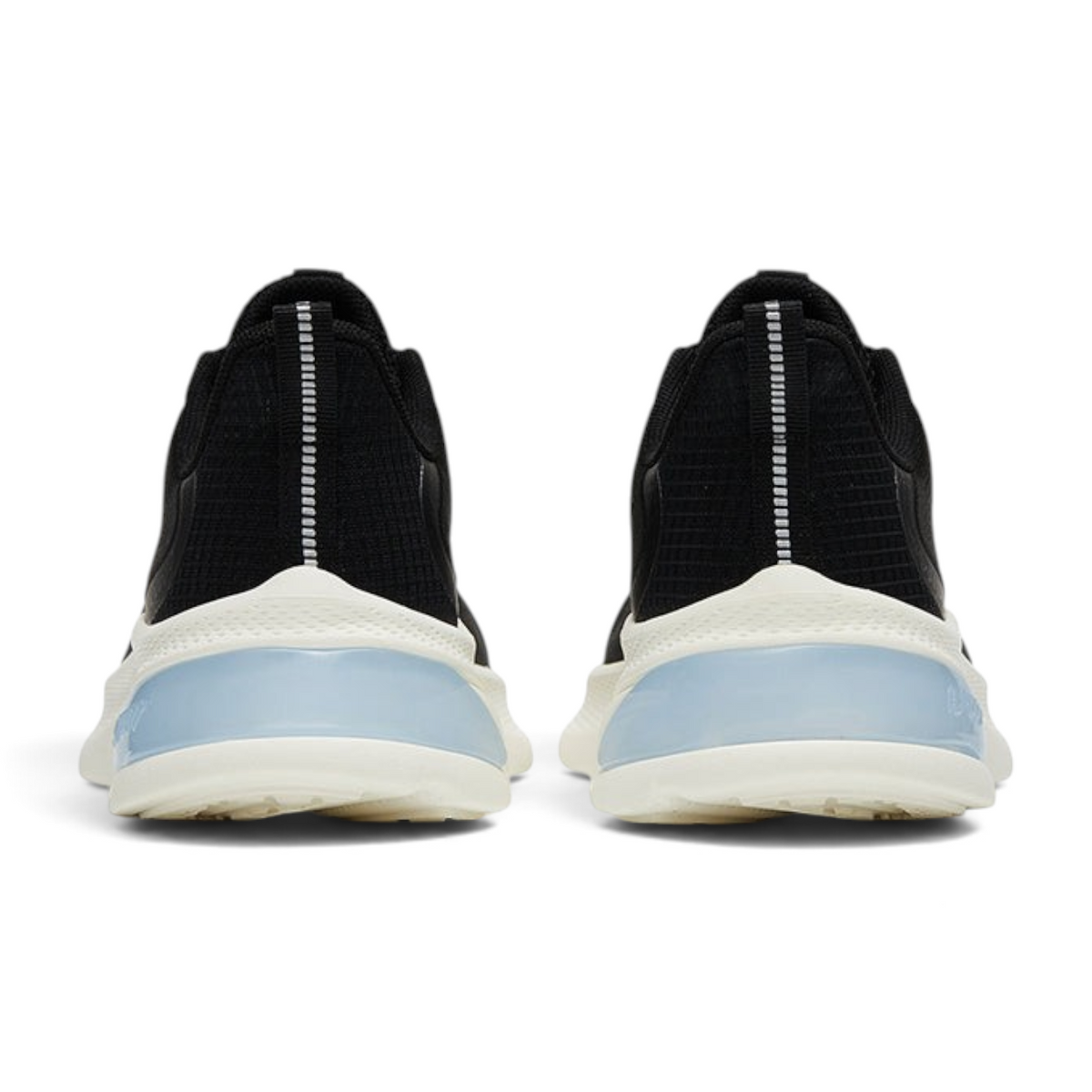FRG ANTA A-JELLY black running shoes, rear view showing breathable mesh, TPU support, and translucent heel cushioning.