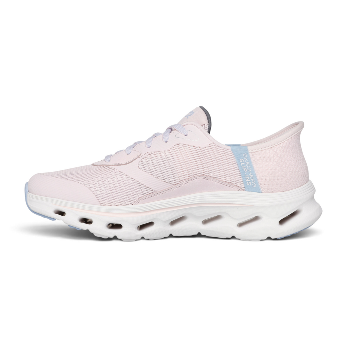 FRG Skechers GO WALK Glide-Step 2.0 Belah slip-on sneaker in light pink mesh with a white cushioned midsole.