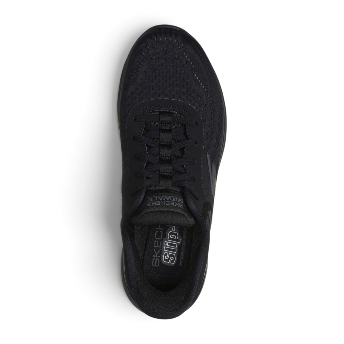 FRG Skechers Slip-ins Go Walk 7 Valin black mesh walking shoe, top-down view showing cushioned insole and laces.