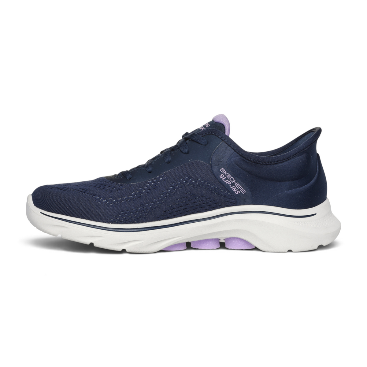 FRG SLIP-INS: GO WALK 7 - VALIN navy blue athletic walking shoe with white cushioned sole and lavender accents