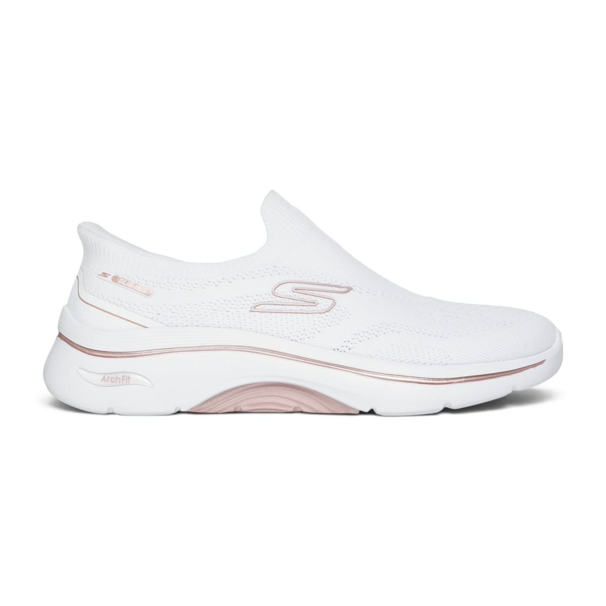 FRG Skechers GO WALK Arch Fit 2.0 Tatum white vegan slip-on sneaker with rose gold accents and cushioned sole