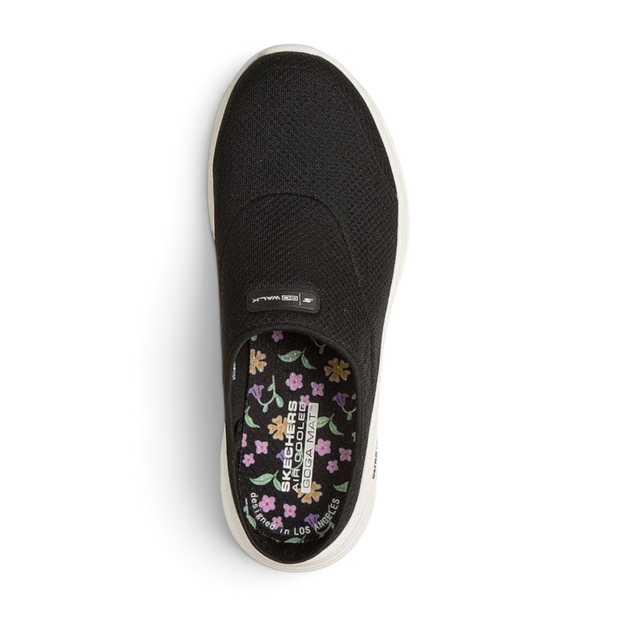 FRG Skechers GO WALK 8 Jackie black vegan open-back slip-on shoe with athletic mesh upper and floral insole