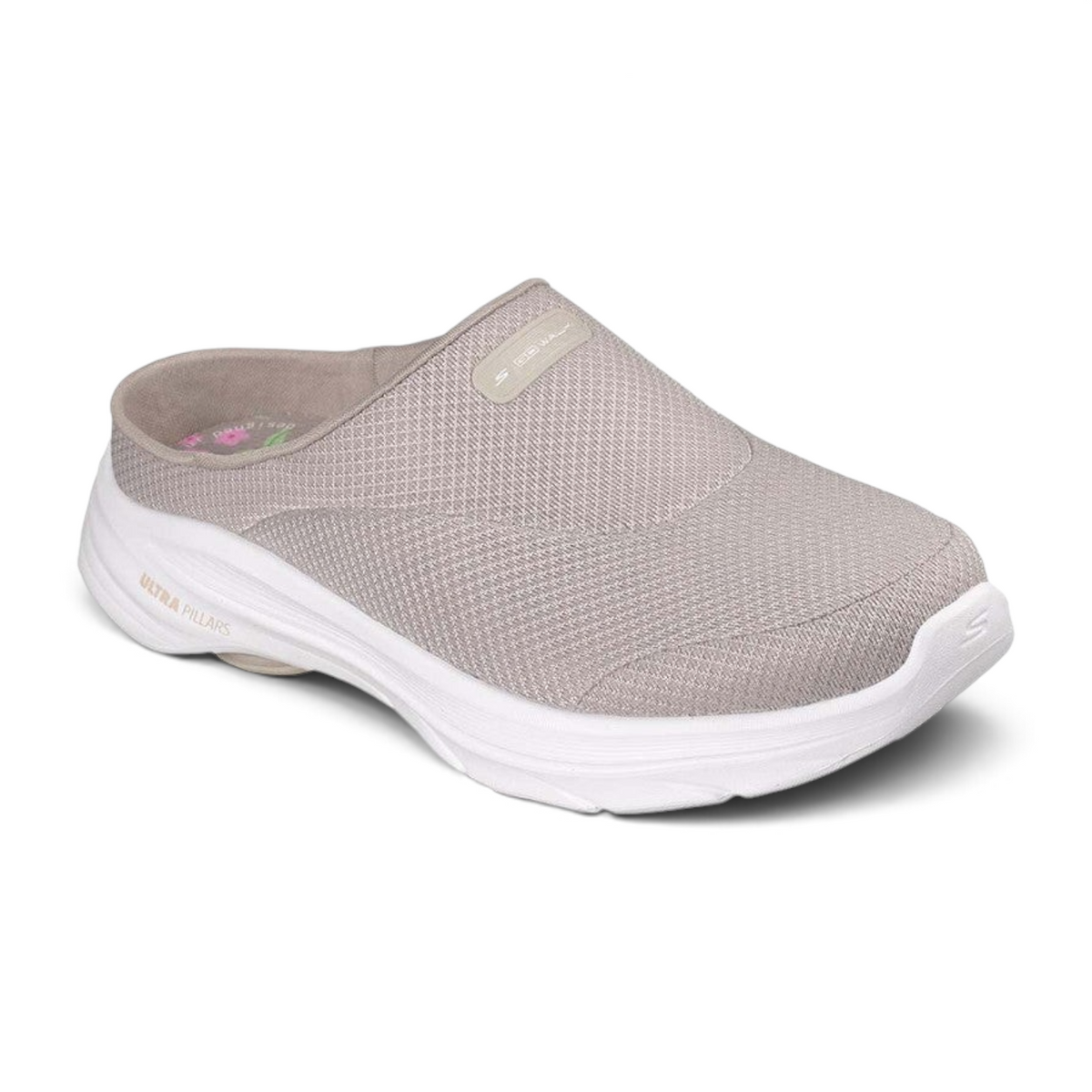 FRG Skechers GO WALK 8 Jackie taupe vegan open-back athletic mesh slip-on shoe with white cushioned midsole