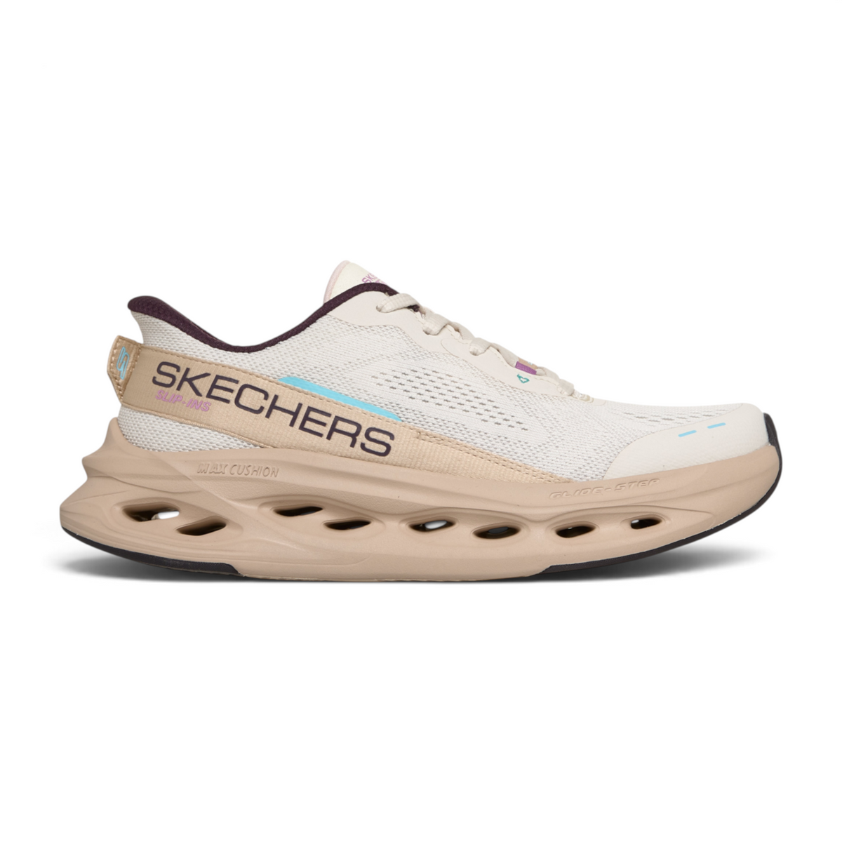FRG Skechers Max Cushioning Glide-Step sneaker in beige mesh with a geometric cushioned sole and lace-up design.