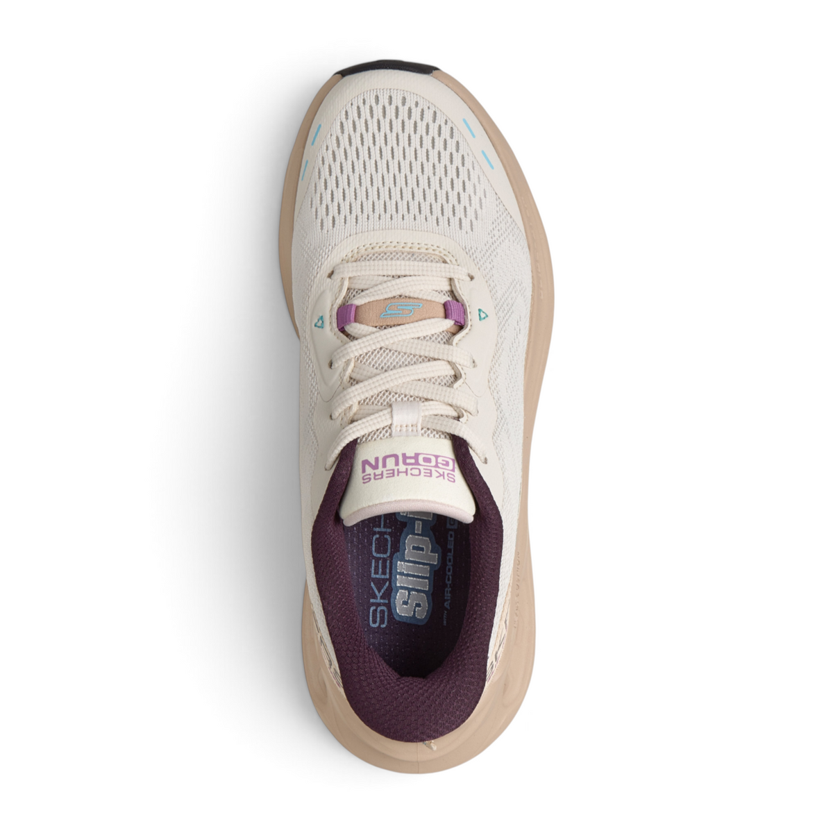 FRG Skechers Max Cushioning Glide-Step sneaker in beige mesh with purple accents and a high-traction rubber sole