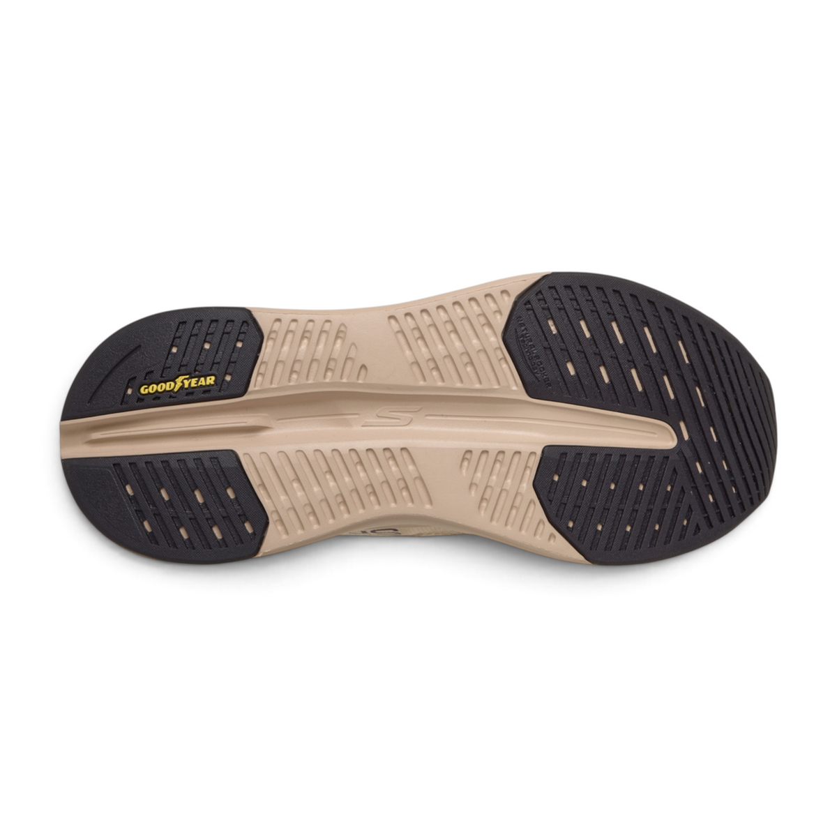 FRG Skechers Max Cushioning Glide-Step sneaker featuring a tan and black Goodyear rubber outsole with traction tread