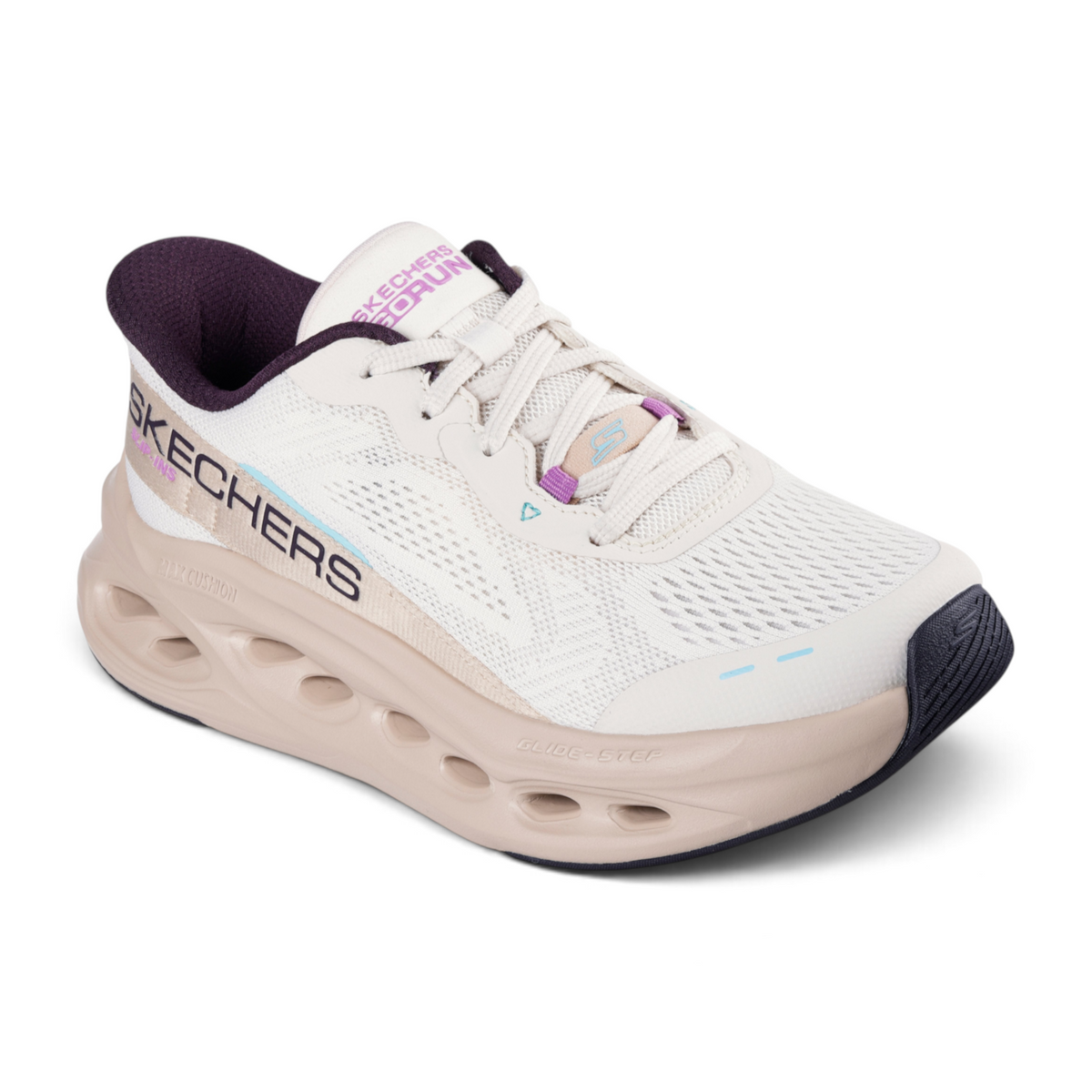 FRG Skechers Max Cushioning Glide-Step running shoe in cream mesh with purple accents and a thick geometric sole.