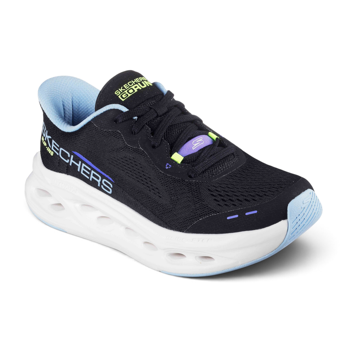 FRG Skechers Max Cushioning Glide-Step black running shoe with blue accents and thick white cushioned sole