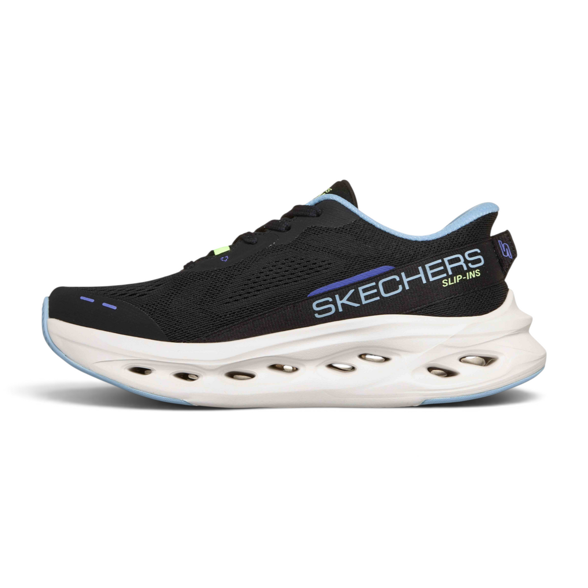 FRG Skechers Max Cushioning Glide-Step black athletic sneaker with white thick sole and blue accents