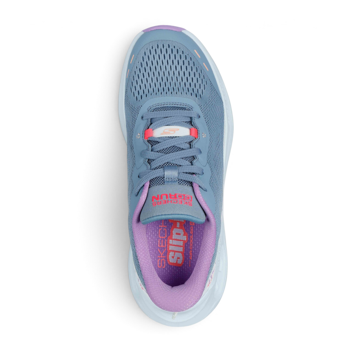 FRG MAX CUSHIONING GLIDE-STEP blue mesh running shoe with purple lining and orange accents, top-down view