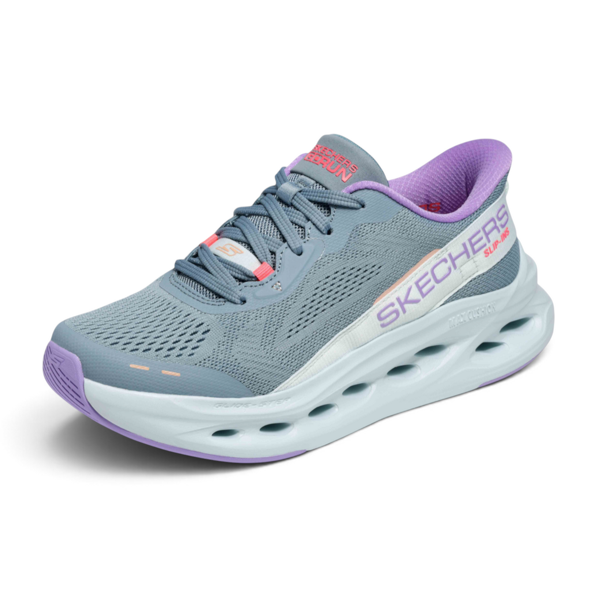 FRG Skechers Max Cushioning Glide-Step running shoes in grey with purple accents and thick cushioned soles