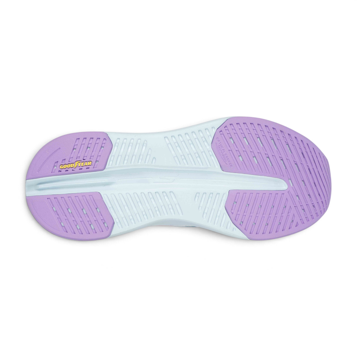 FRG MAX CUSHIONING GLIDE-STEP running shoe outsole with purple rubber traction pads and Goodyear performance grip.
