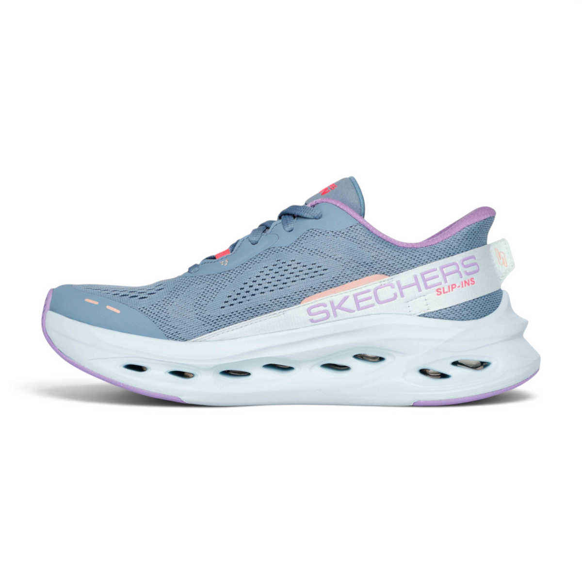 FRG Skechers Max Cushioning Glide-Step slip-in sneaker in blue mesh with a thick white cushioned sole