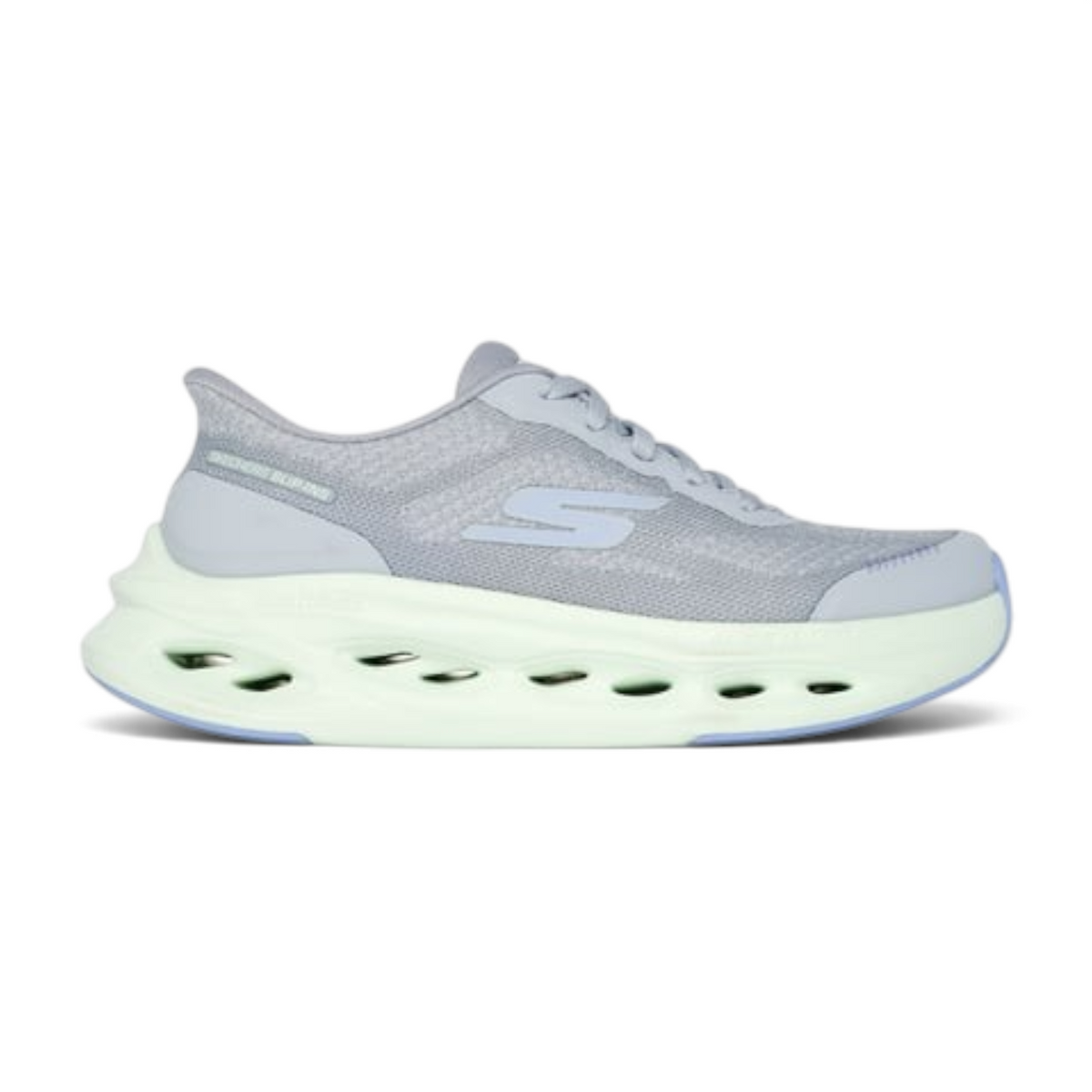 FRG MAX CUSHIONING GLIDE-STEP HARTFORD grey athletic sneaker with a thick, cutout pale green cushioned sole