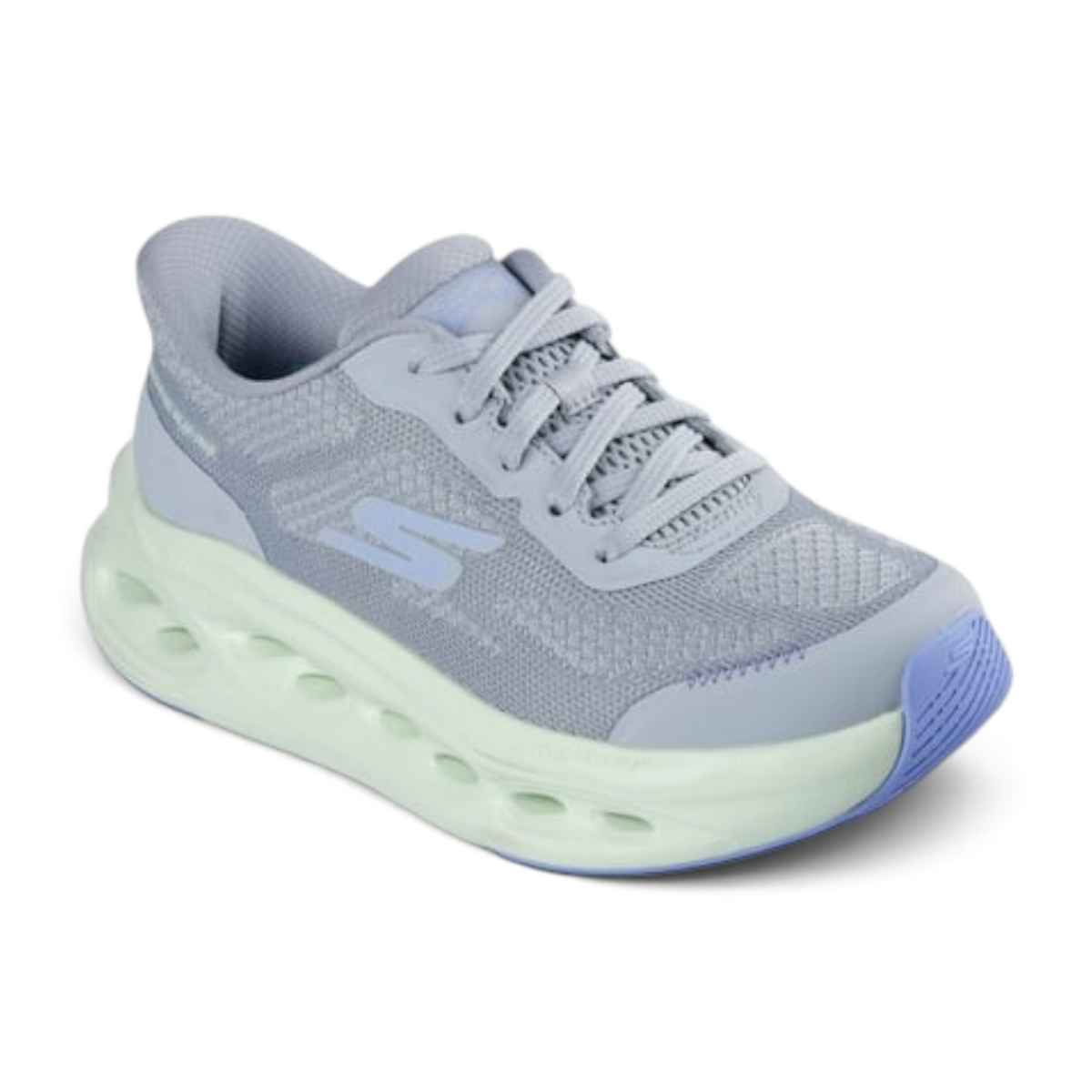 FRG MAX CUSHIONING GLIDE-STEP HARTFORD running shoe in light grey mesh with a thick, sculpted mint green sole