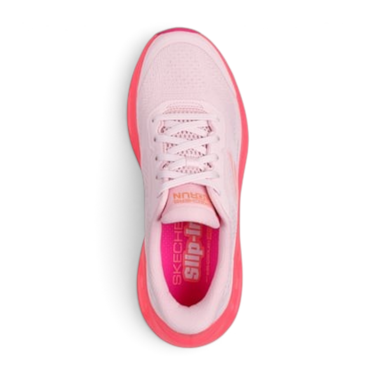 FRG Max Cushioning Glide-Step Hartford light pink slip-in running shoe with a vibrant pink sole, top-down view