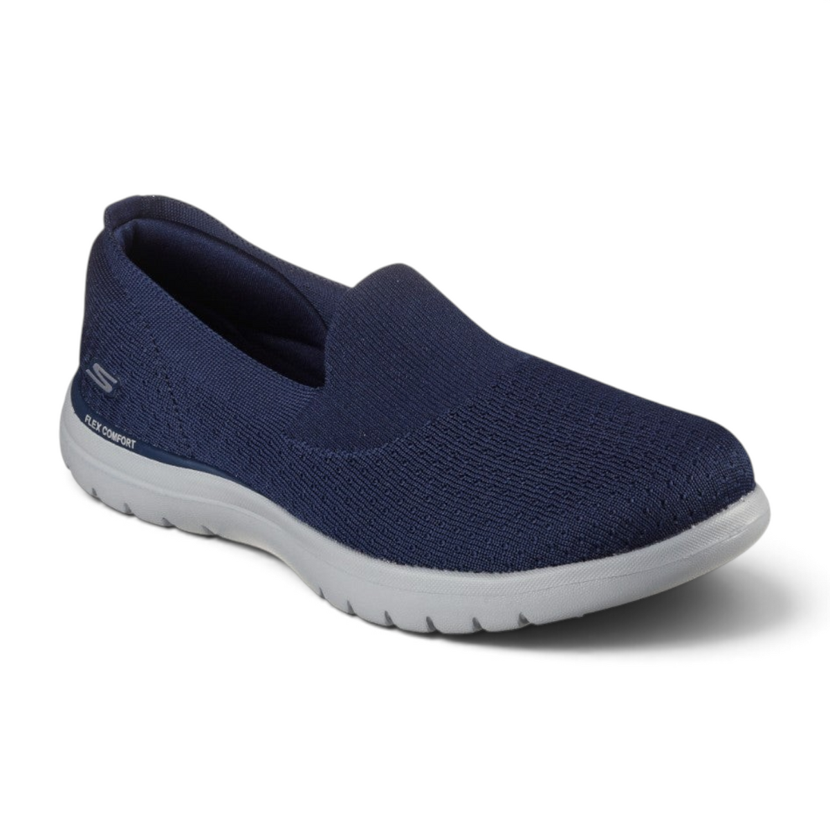 FRG Skechers ON-THE-GO FLEX navy blue slip-on sneaker with a flexible knit upper and cushioned grey sole