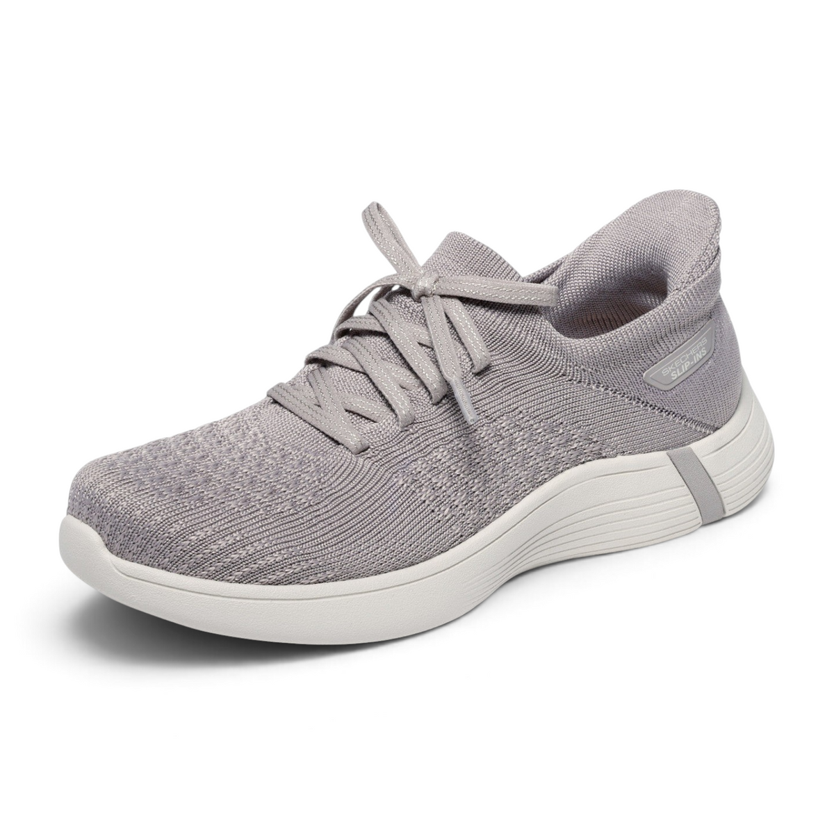 FRG Skechers ON-THE-GO Swift taupe knit slip-on sneaker with lightweight ULTRA GO cushioning and lace-up detail