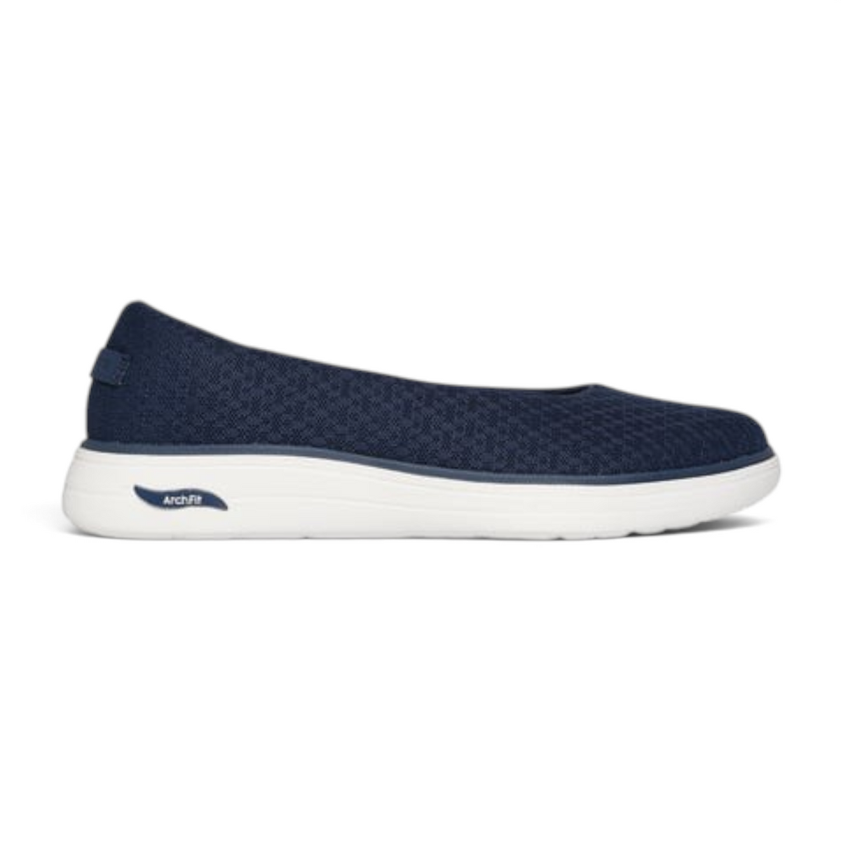 FRG Arch Fit Inspire Aubrey navy blue slip-on ballet flat with a white cushioned sole and textured knit upper
