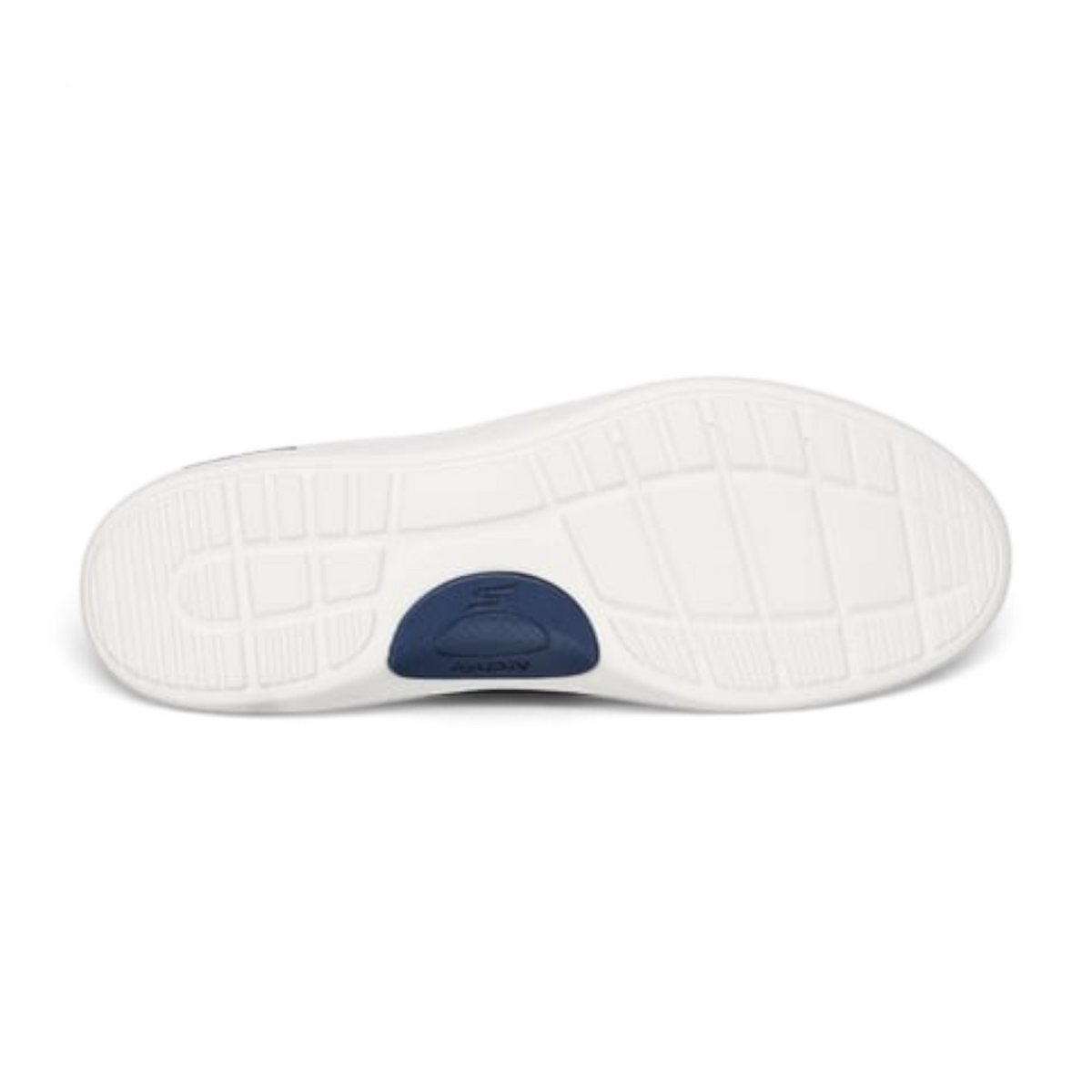 FRG Arch Fit Inspire Aubrey sneaker showing the white rubber outsole with a blue arch support insert