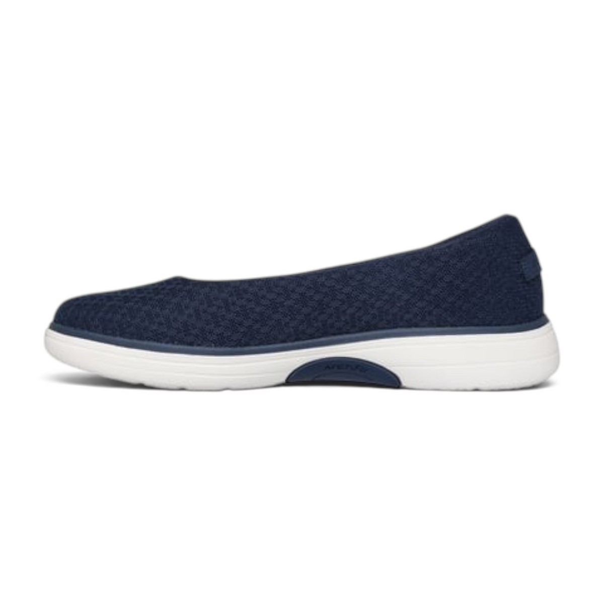 FRG Arch Fit Inspire Aubrey navy blue knit ballet flat with a cushioned white sole and arch support