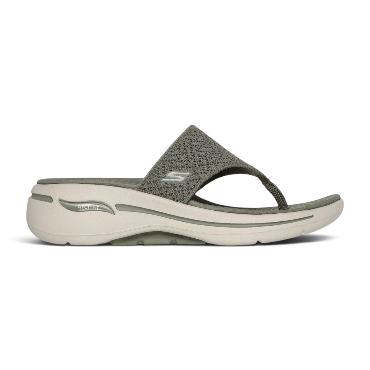 FRG Skechers GO WALK Arch Fit Weekender olive thong sandal with knit mesh upper and contoured cushioned footbed