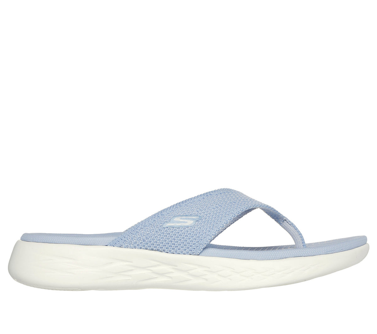 FRG Skechers On-the-GO 600 Flourish periwinkle blue sporty thong sandal with woven upper and white cushioned sole