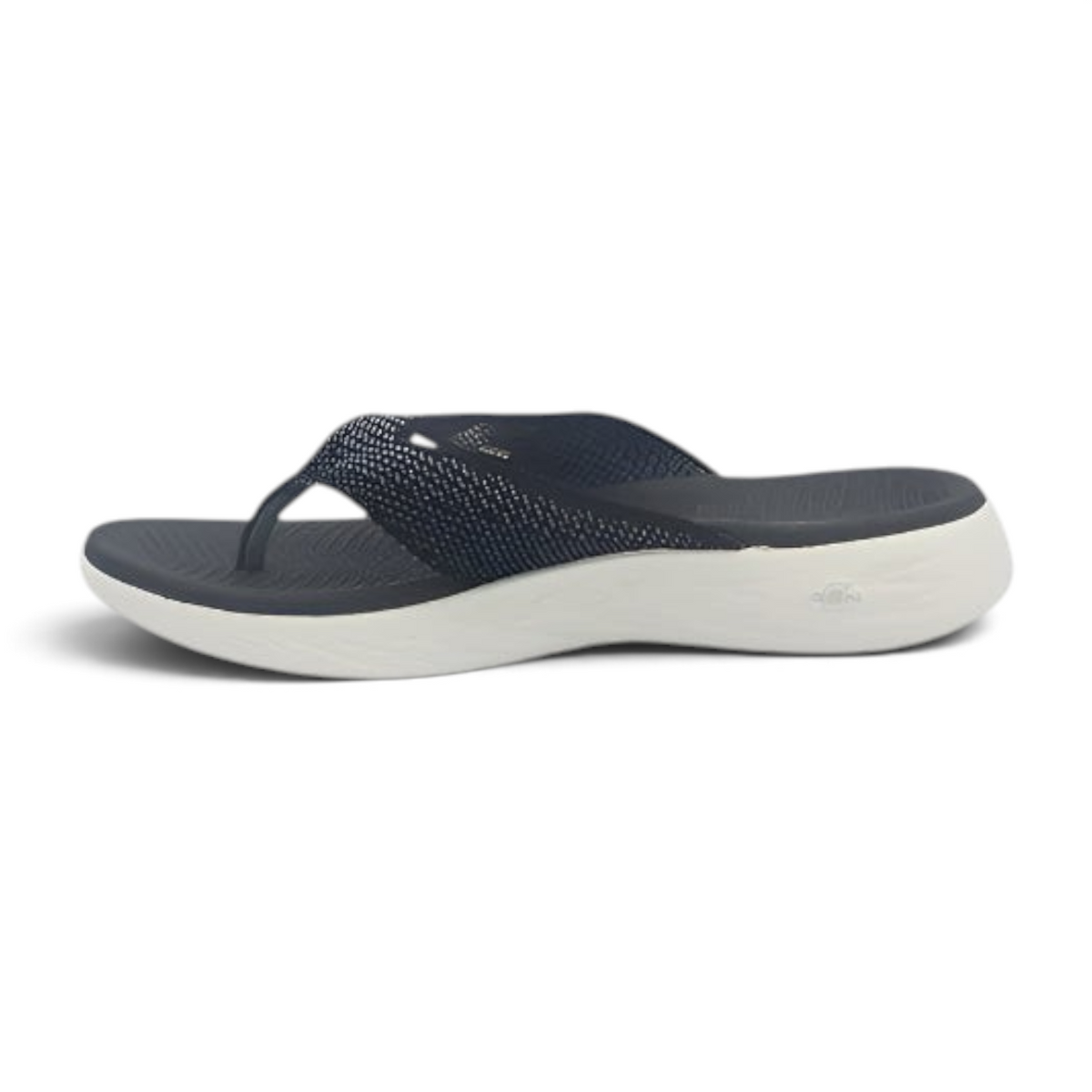 FRG Skechers On-the-GO 600 Flourish navy and white thong sandal with woven mesh upper and contoured comfort footbed
