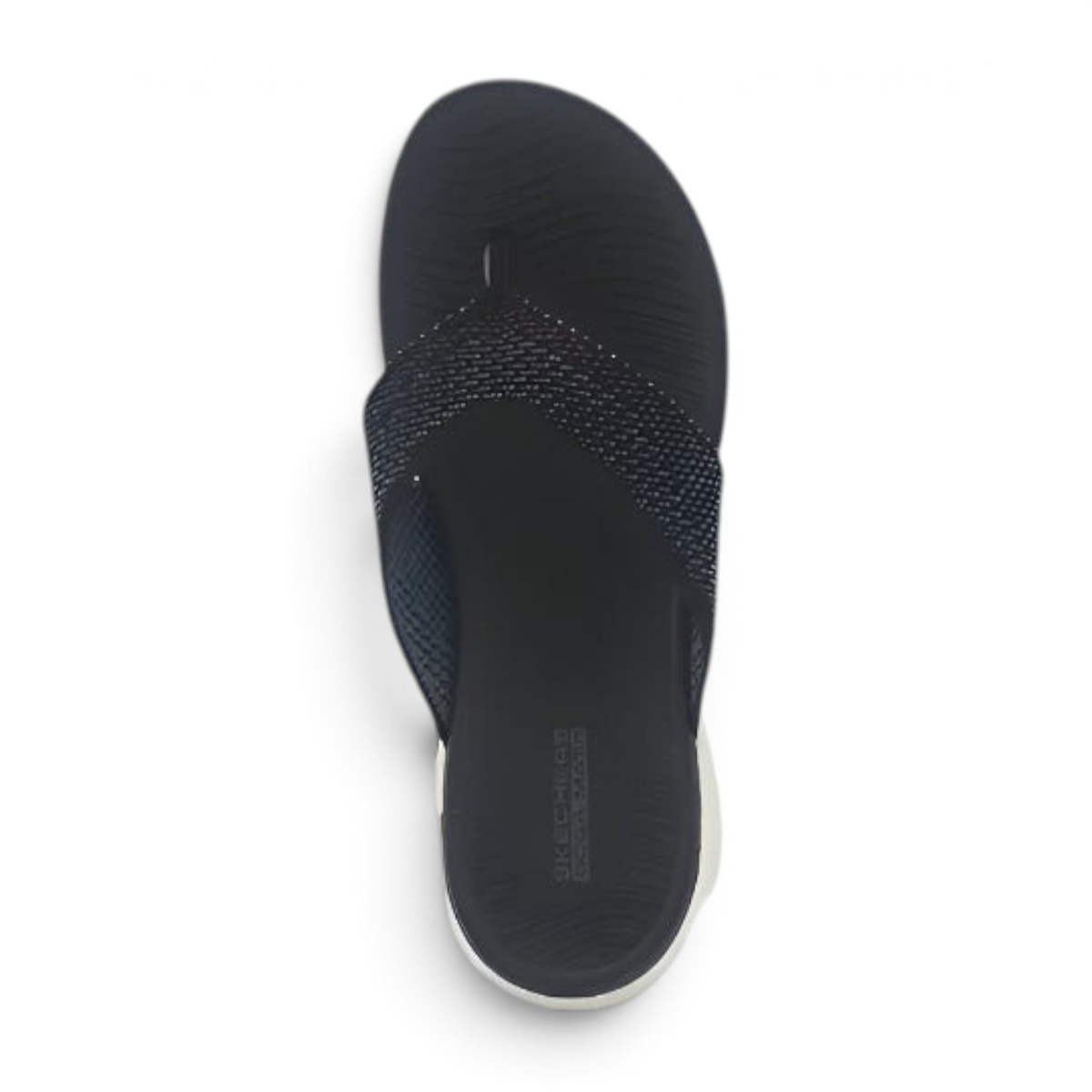 FRG Skechers On-the-GO 600 Flourish navy blue thong sandal with woven mesh upper and contoured Goga Mat footbed