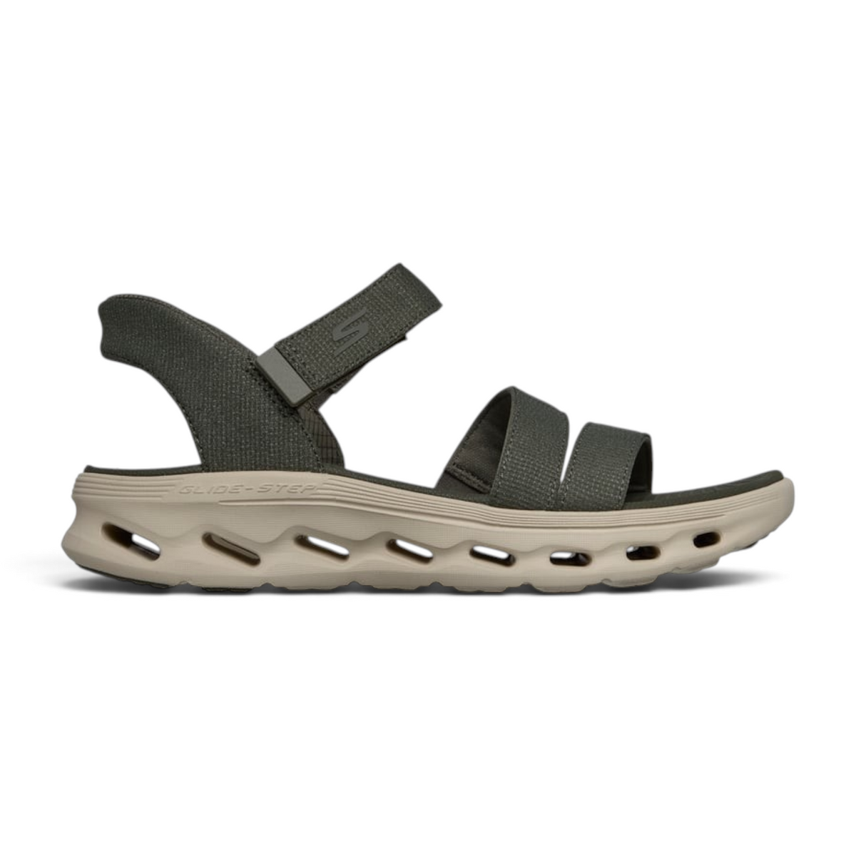 FRG Skechers GO WALK Glide-Step 2.0 Ella olive vegan mesh sandal with cushioned geometric midsole and heel strap
