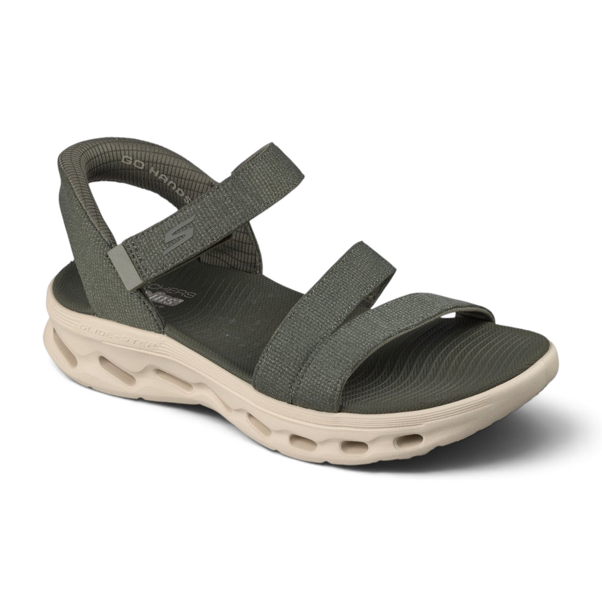 FRG Skechers GO WALK Glide-Step 2.0 Ella olive vegan mesh sandal with hook-and-loop strap and cushioned midsole