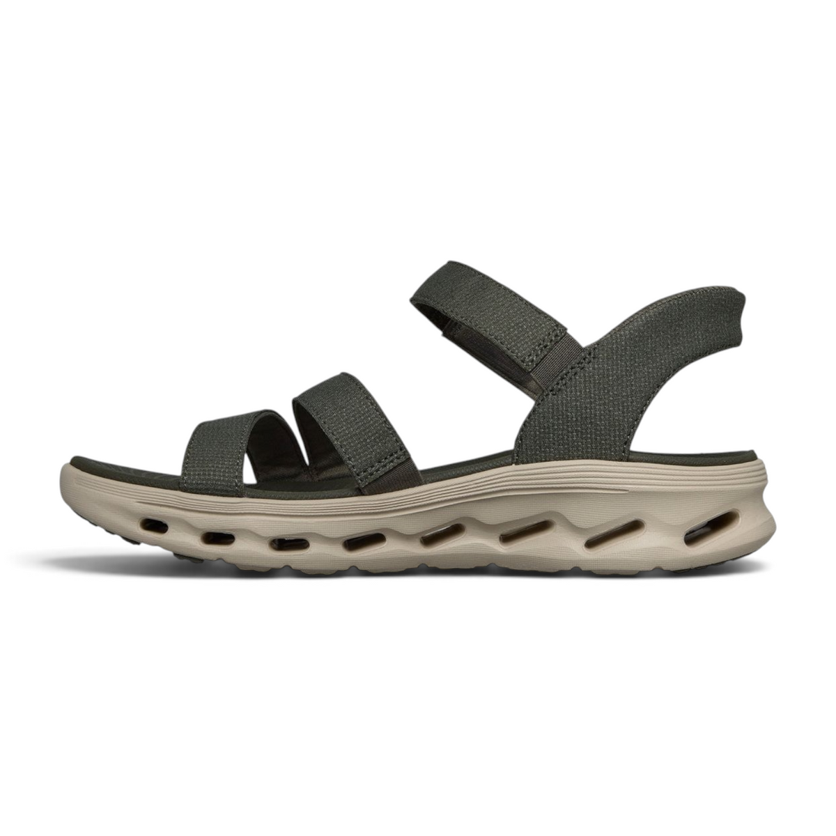 FRG Skechers GO WALK Glide-Step 2.0 Ella olive vegan sandal with mesh straps and geometric cushioned midsole