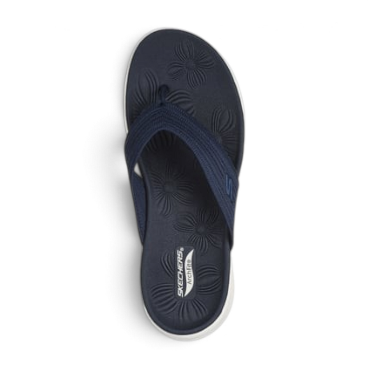 FRG Skechers Arch Fit Radiance Lure navy blue thong sandal with floral embossed footbed and supportive design