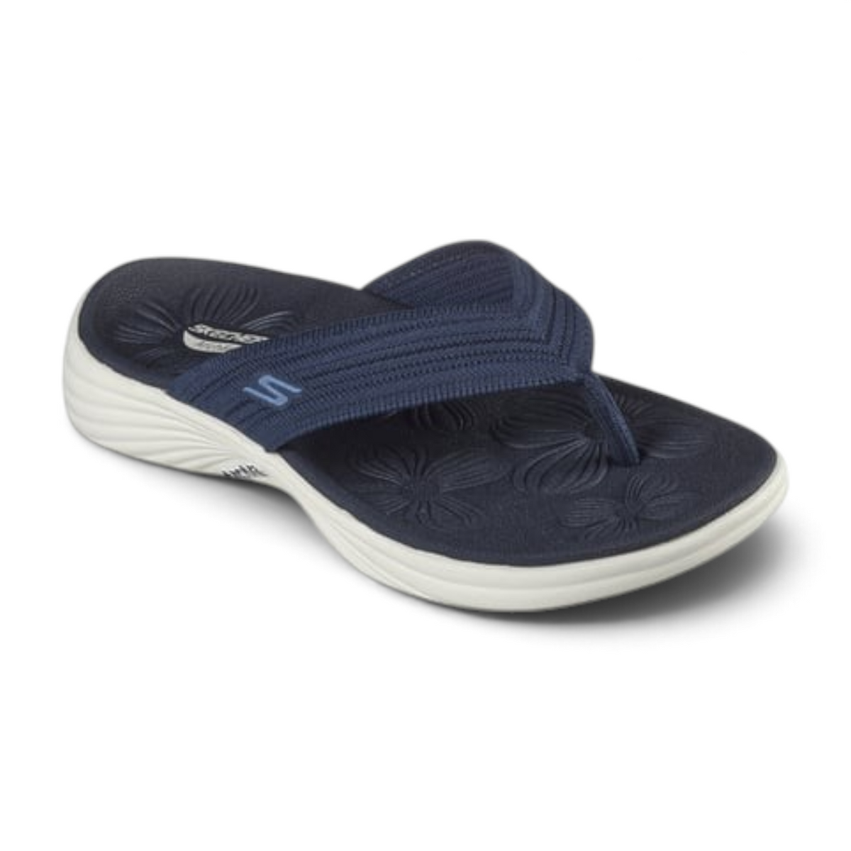 FRG Skechers Arch Fit Radiance Lure navy blue thong sandal with floral embossed footbed and mesh upper