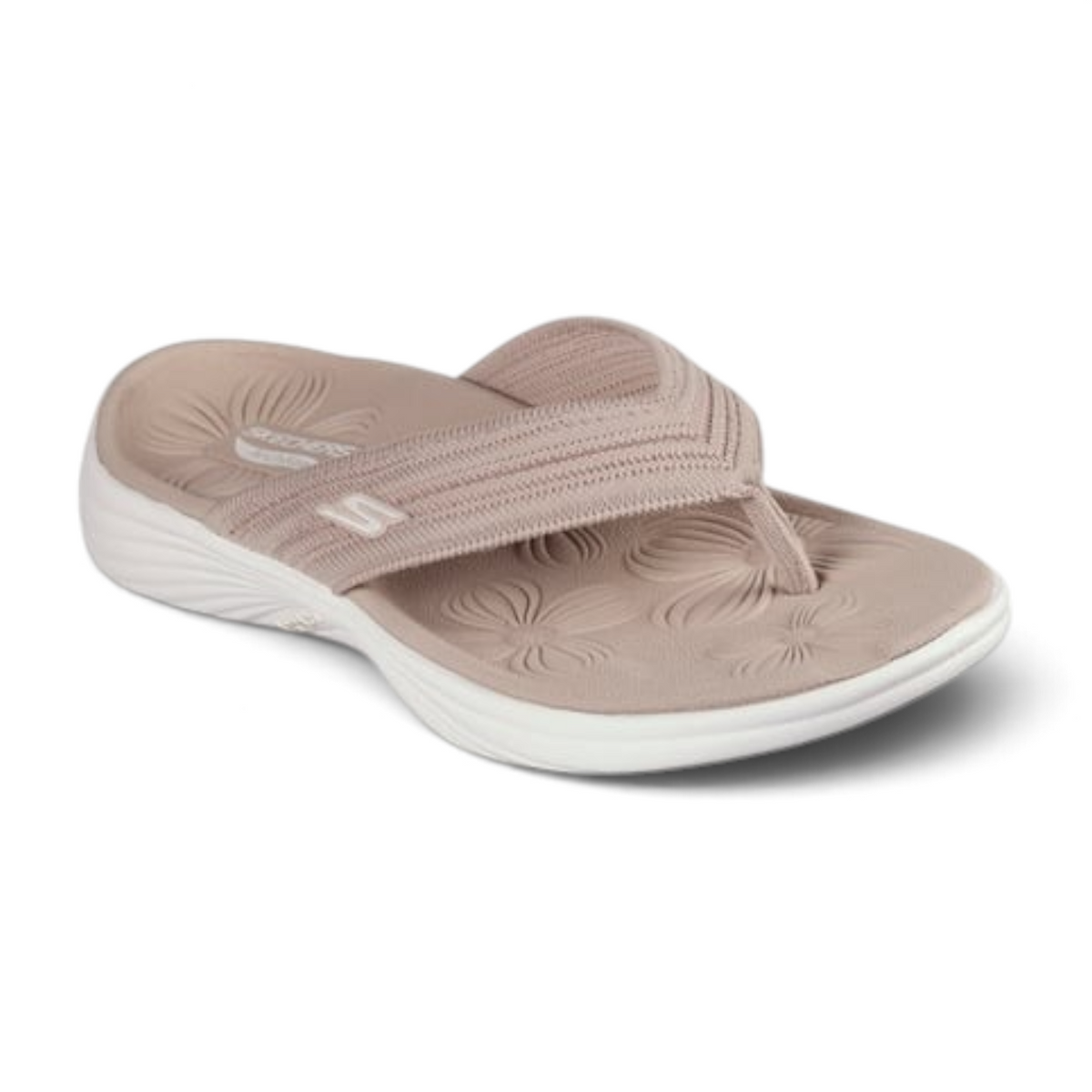 FRG Skechers Arch Fit Radiance Lure beige thong sandal with floral embossed footbed and mesh upper