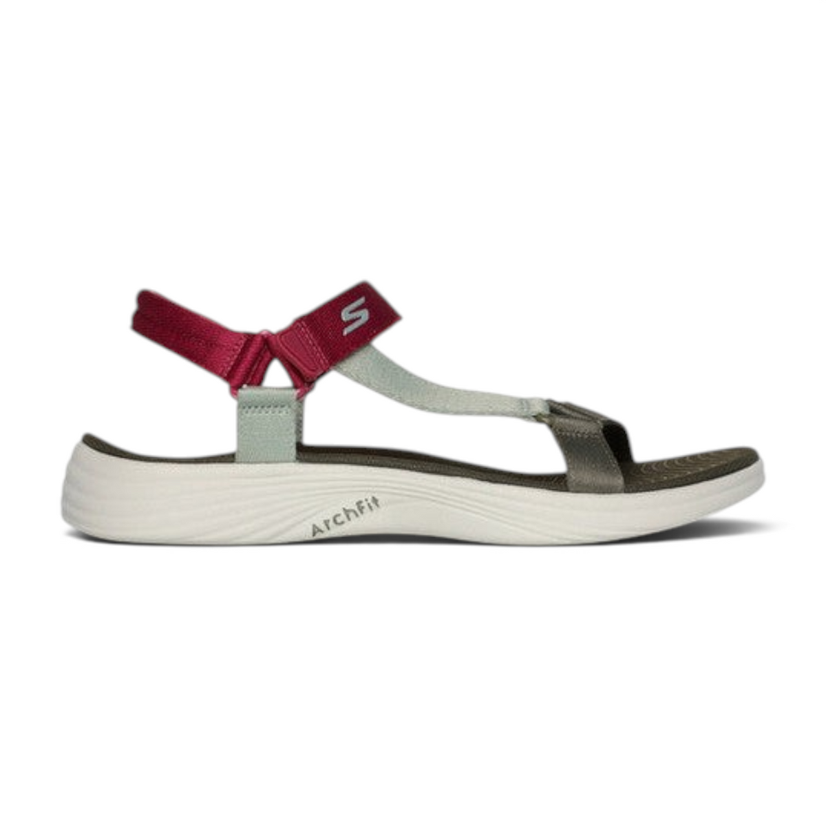FRG Skechers Arch Fit Radiance walking sandal in olive, mint, and burgundy with podiatrist-certified arch support.