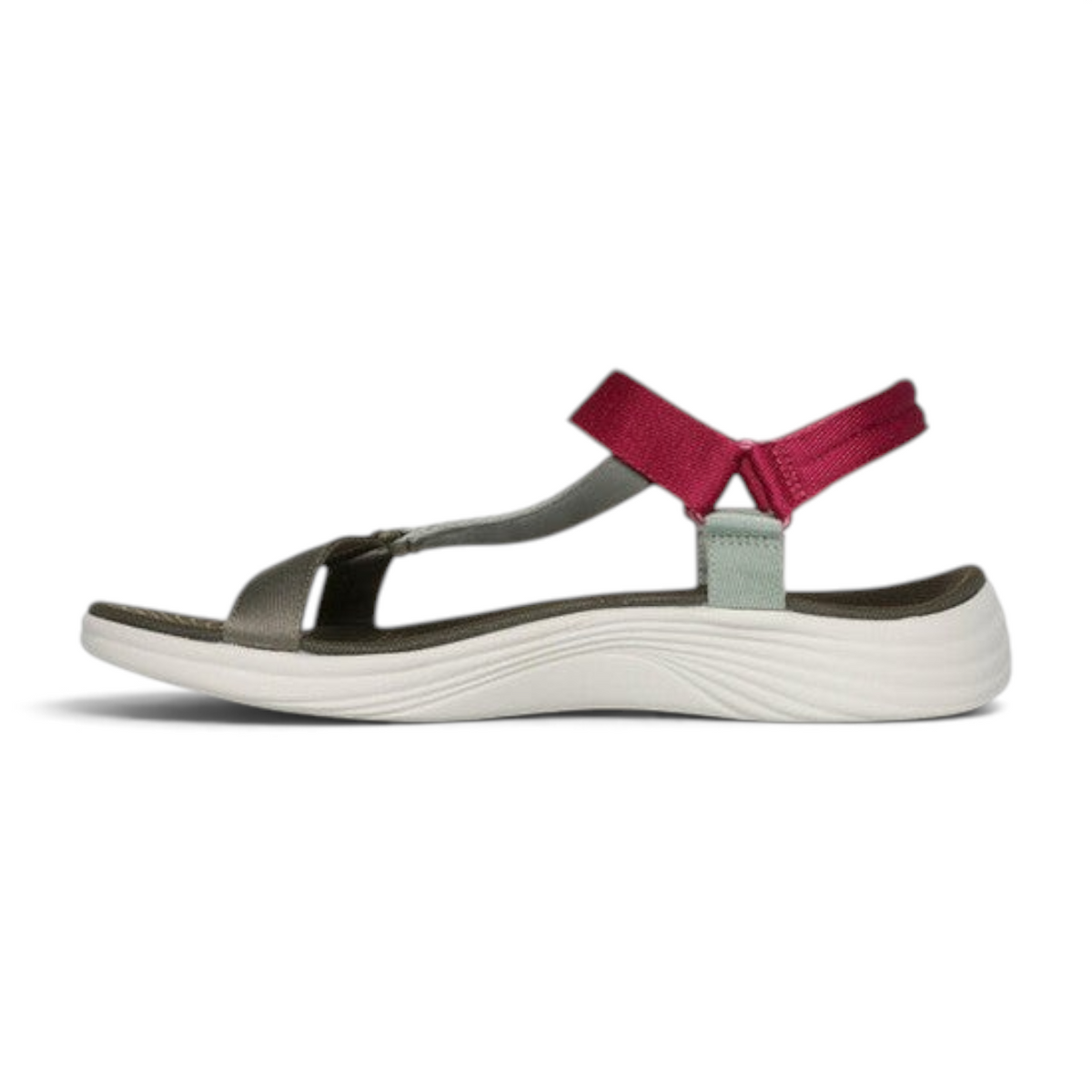 FRG Skechers Arch Fit Radiance walking sandal in olive and mint with a pink heel strap and white cushioned sole.