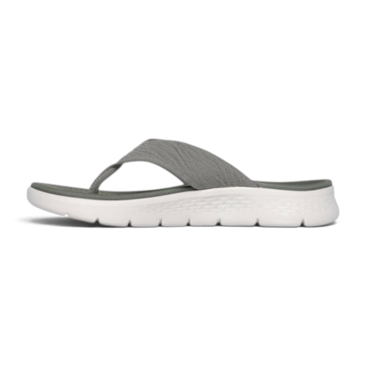 FRG Skechers GO WALK Flex Splendor 3-point thong sandal in grey with a white cushioned sole and knit upper.