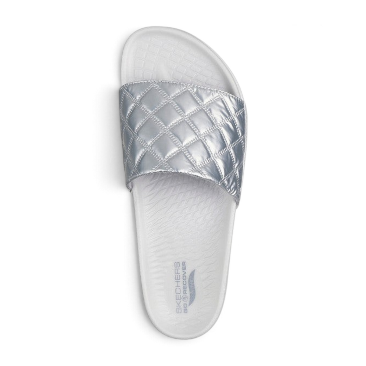 FRG Skechers Arch Fit Hyper Slide in silver with a quilted strap and white contoured footbed for recovery comfort.