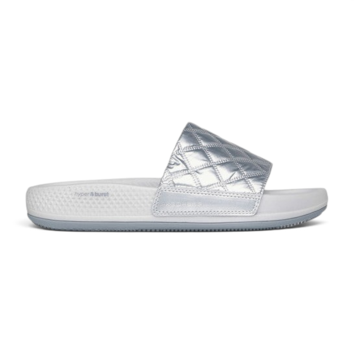 FRG Skechers Arch Fit Hyper Slide in silver with a quilted strap and contoured podiatrist-certified footbed.