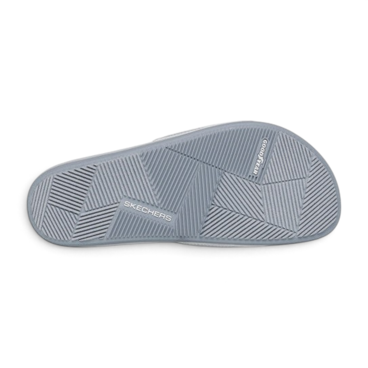 FRG Skechers Arch Fit Hyper Slide in silver showing the durable rubber outsole with geometric tread pattern