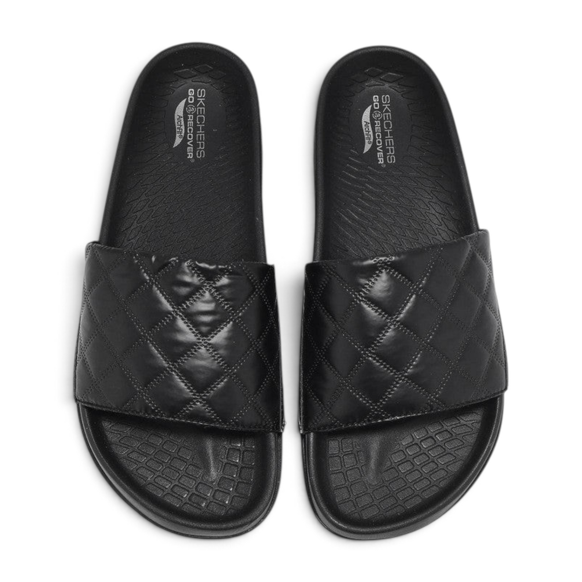 FRG Skechers Arch Fit Hyper Slide in black with a quilted strap and contoured podiatrist-certified footbed.