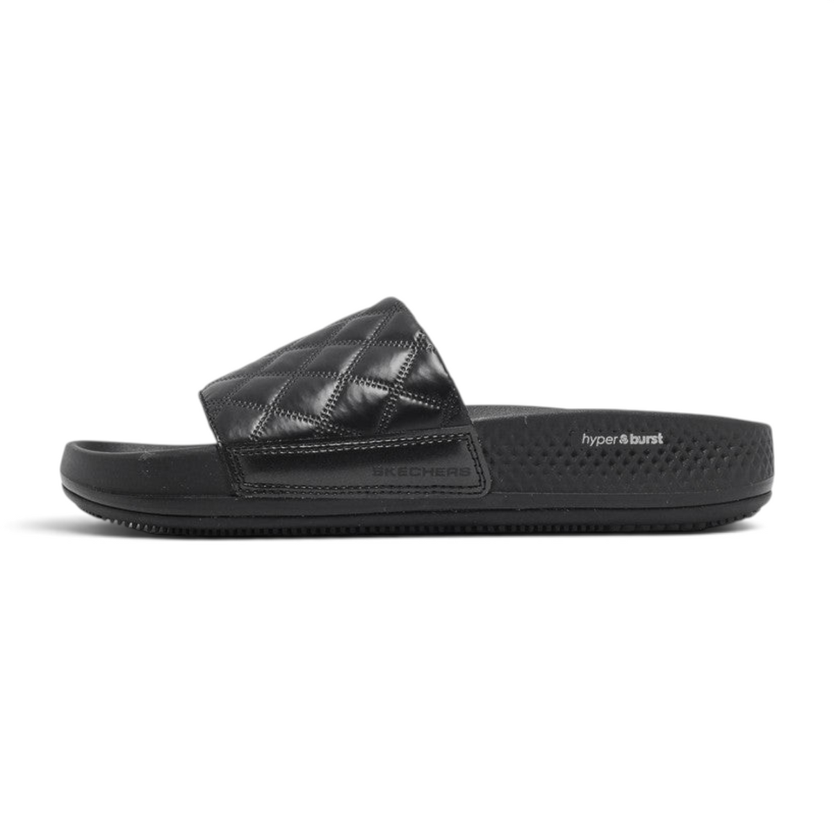 FRG Skechers Arch Fit Hyper Slide in black with a quilted strap and contoured footbed for recovery comfort