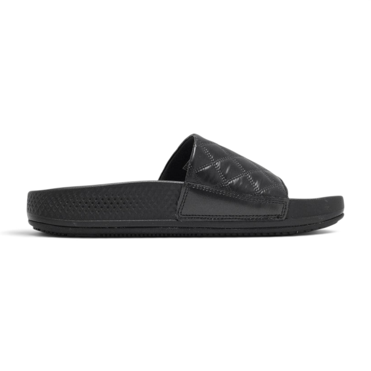 FRG Skechers Arch Fit Hyper Slide in black with a quilted strap and contoured footbed for recovery comfort